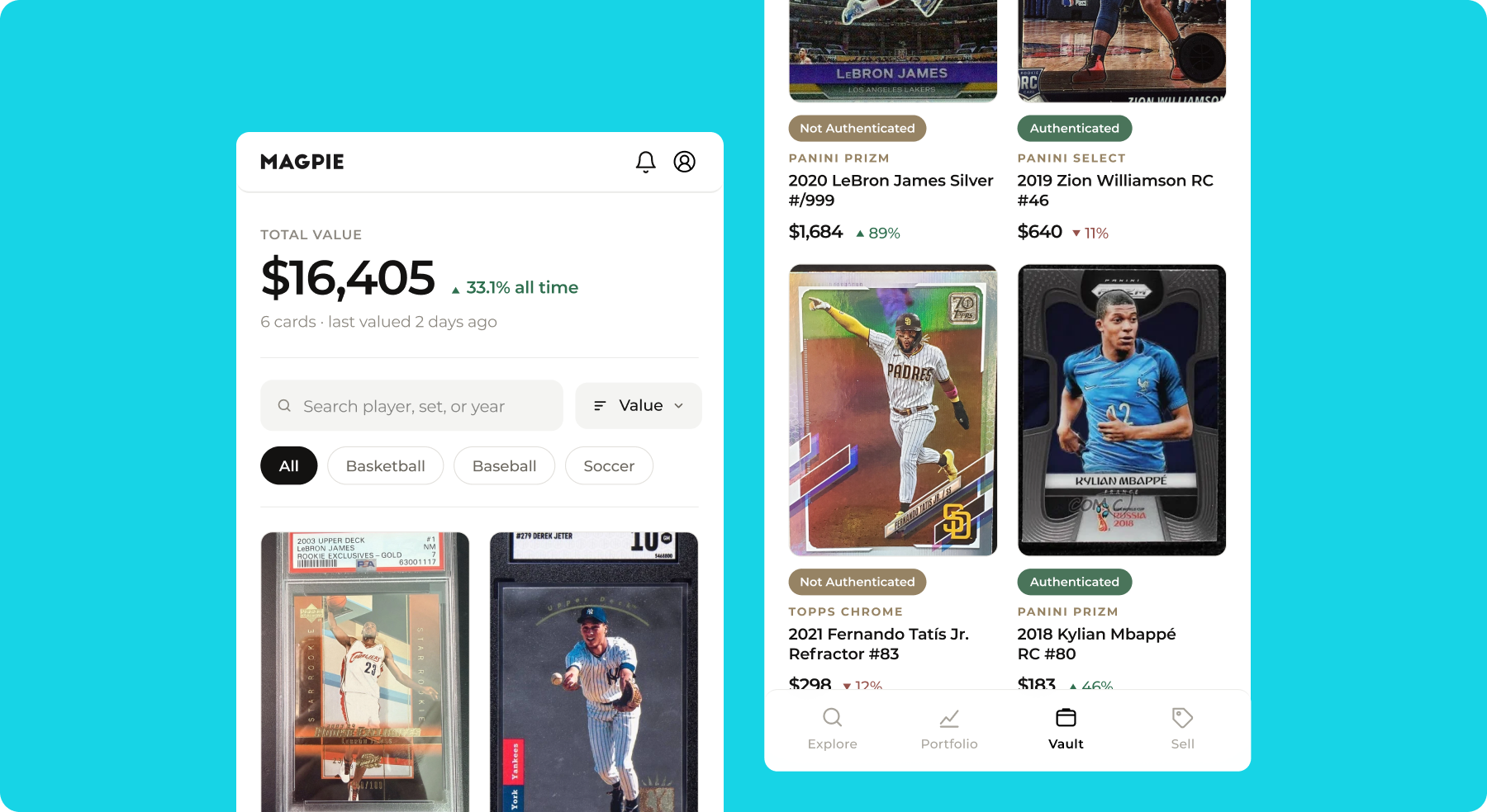 Magpie Vault on mobile: a portfolio total of $16,405, up 33.1% all time, with search and sport filters above the collector's cards, next to the scrolled card list showing Authenticated and Not Authenticated badges with current values.