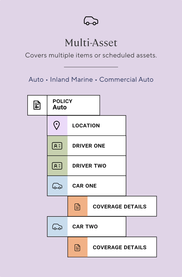 Multi-Asset archetype card with the Auto policy data structure.