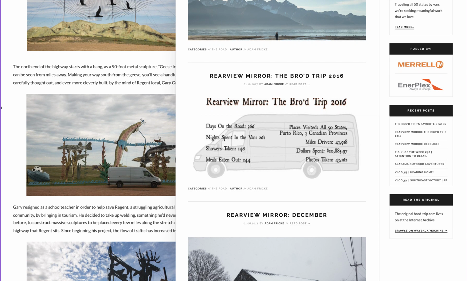 The rebuilt Bro'd Trip site: the blog archive homepage listing recovered posts, alongside a fully restored post, 'The Enchanted Highway,' with its text, photos, and sidebar widgets intact.