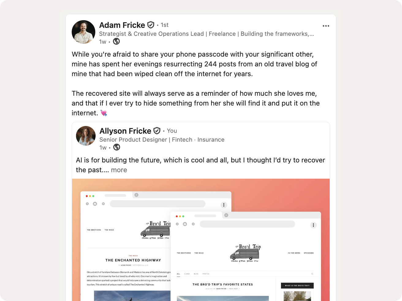 A LinkedIn post from Adam Fricke about the recovered blog, quote-shared by Allyson Fricke describing the project as trying to recover the past, with a preview of the rebuilt Bro'd Trip site attached.