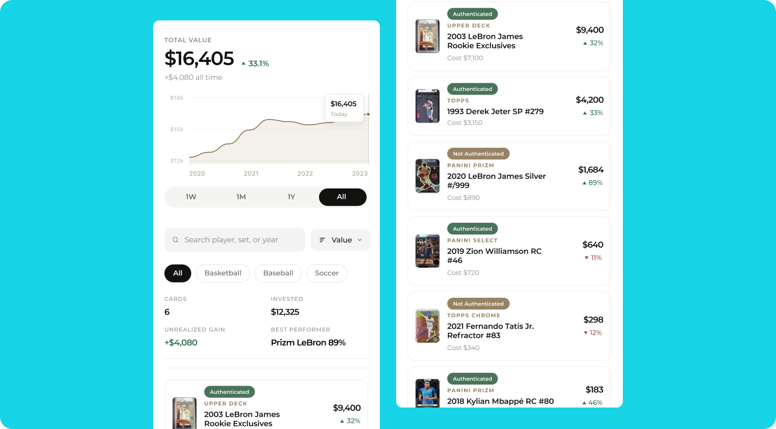 Magpie vault dashboard showing total trading card portfolio value over time, alongside the card list view with authentication status, cost, and current value.