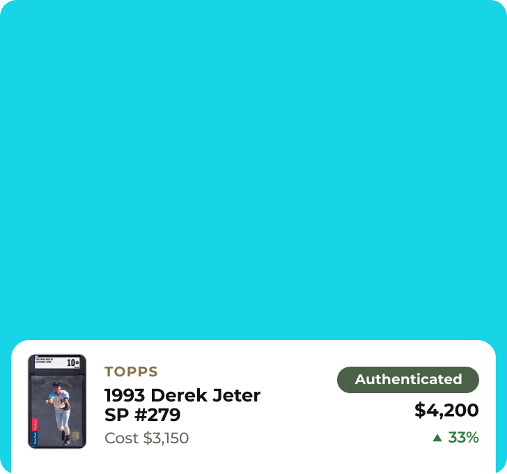 Authenticated Topps 1993 Derek Jeter SP card in the Vault, showing cost basis, current value, and gain.