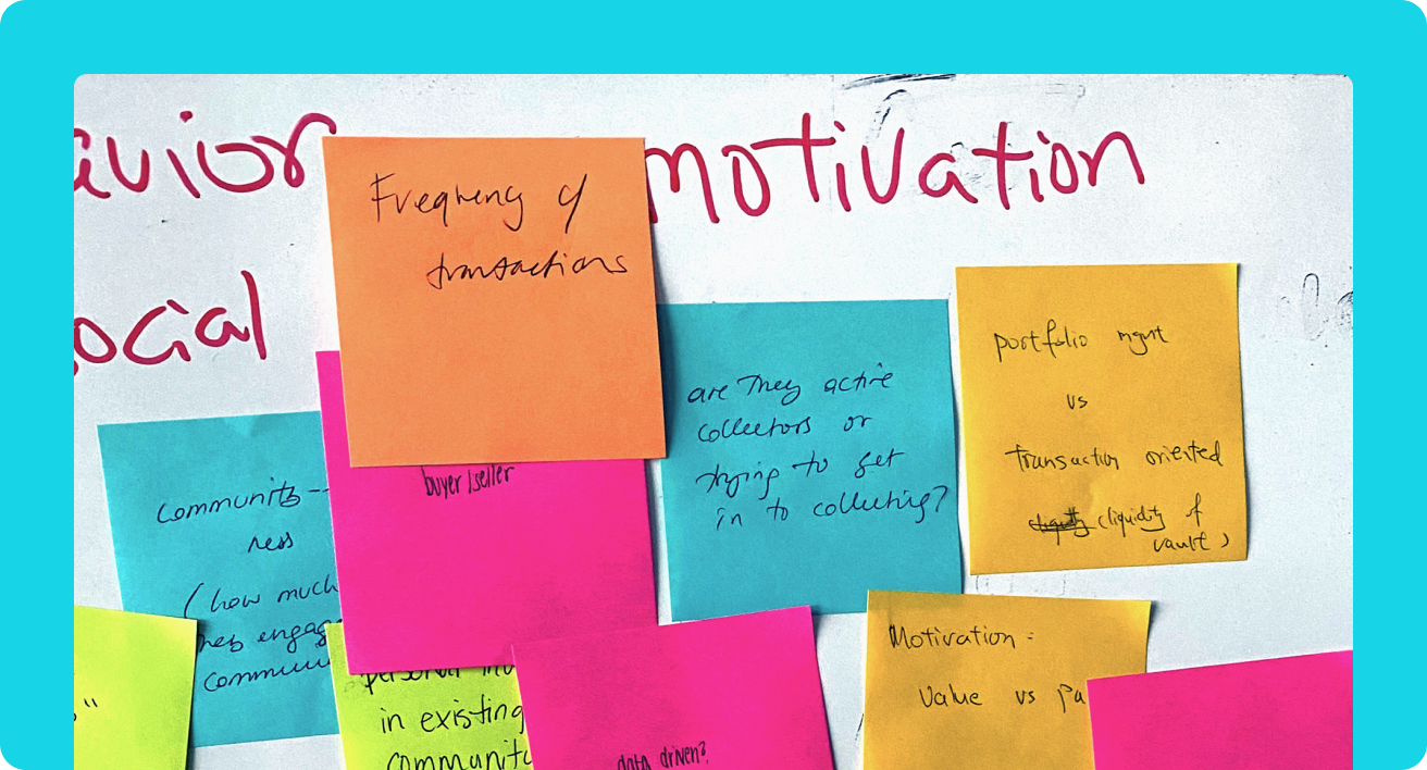 Whiteboard research synthesis mapping collector segments by motivation, transaction behavior, and community engagement.