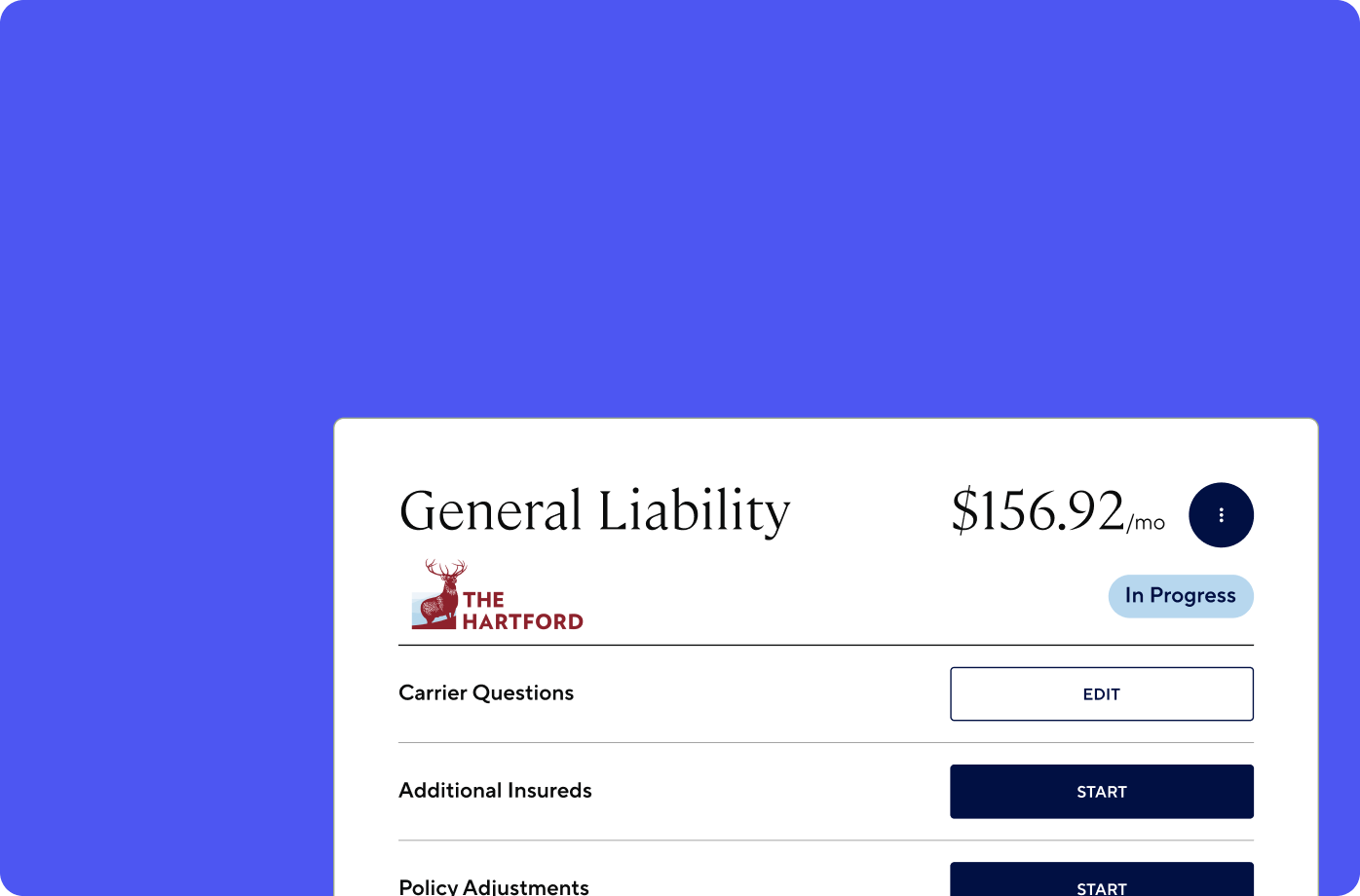 Coverage Hub bind-status card showing a General Liability policy from The Hartford, in progress