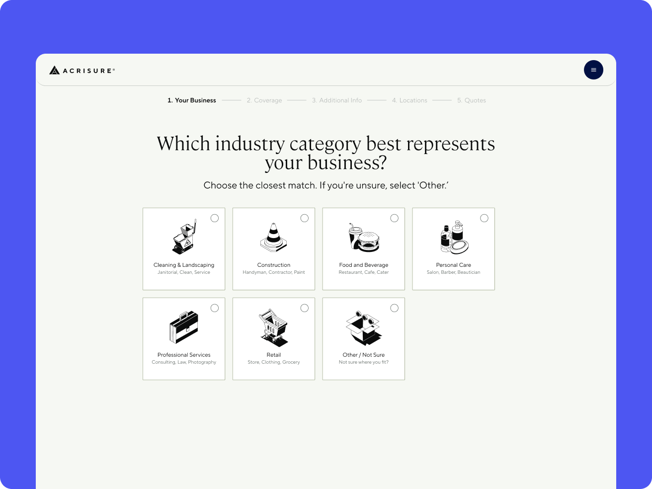 Which industry category best represents your business screen: a visual card grid of broad categories with icons and plain-language examples, plus a search field to narrow further.