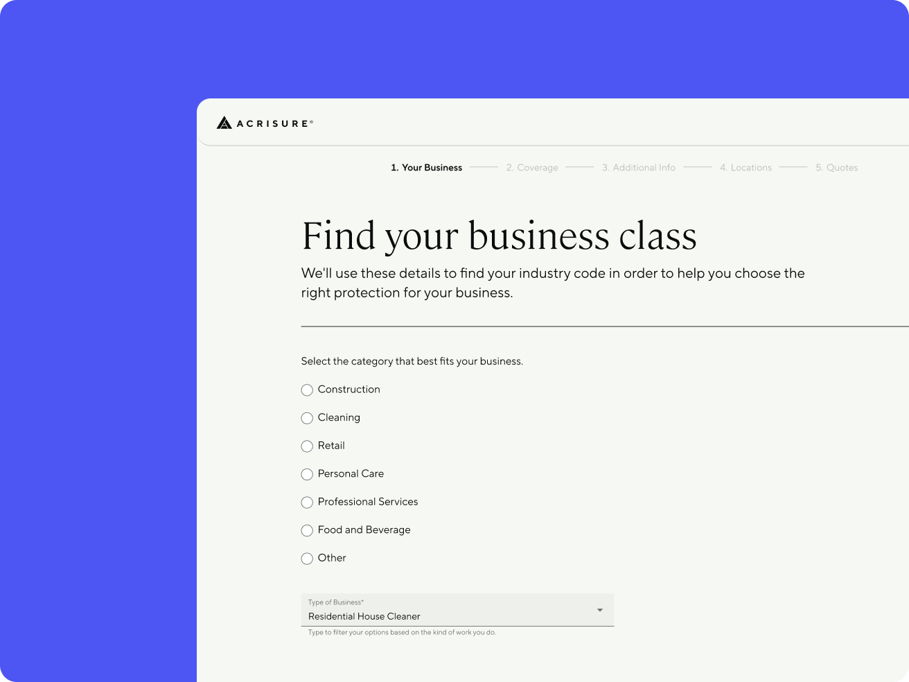 Find your business class screen: a plain radio-button list of categories, with an unlabeled Type of Business search field below it.