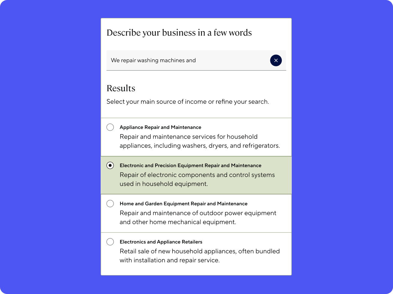 Describe your business in a few words screen: free-text input with AI-matched industry results ranked below it.